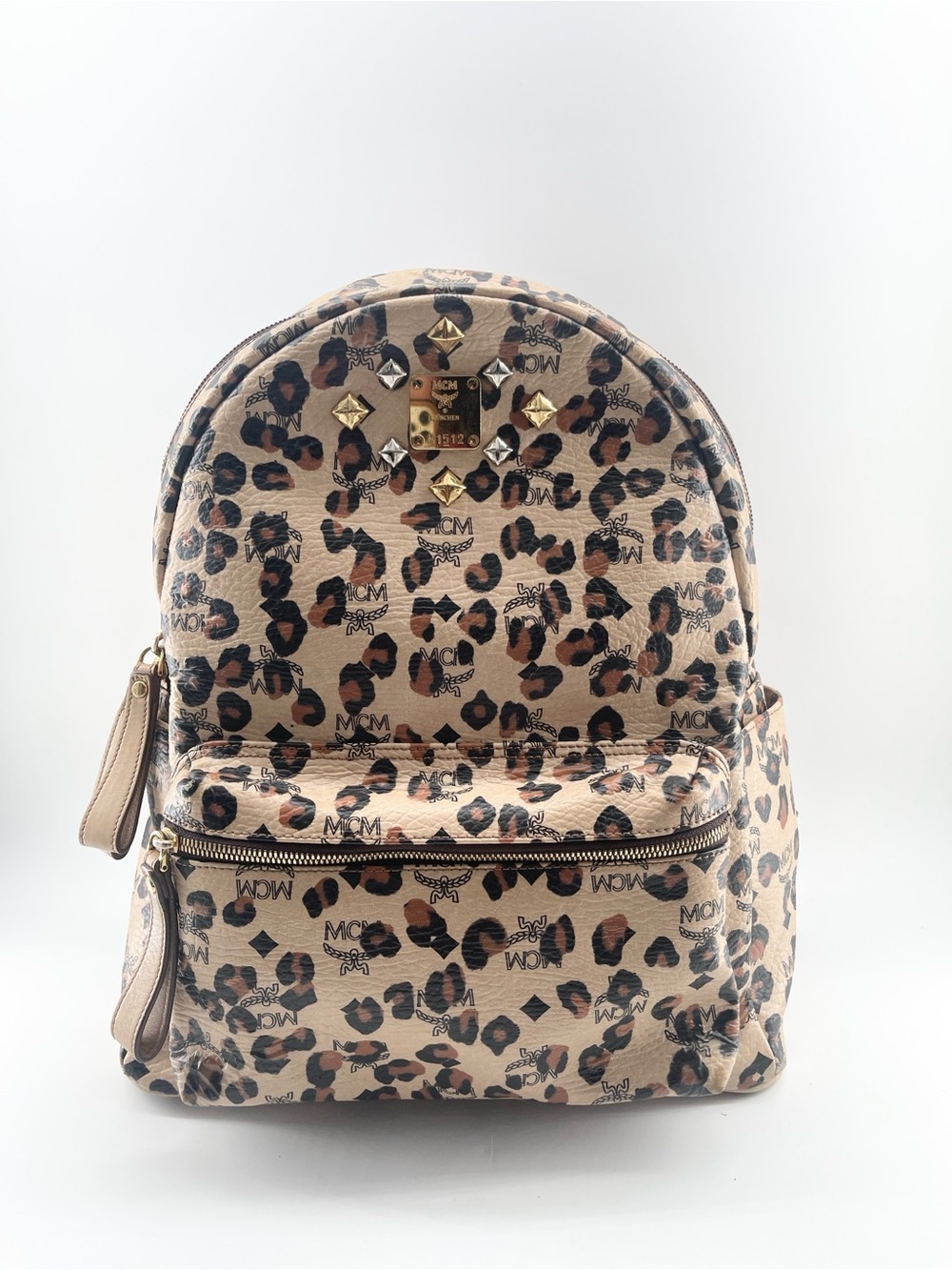 MCM Leopard-Print Visetos Backpack in Beige and Brown